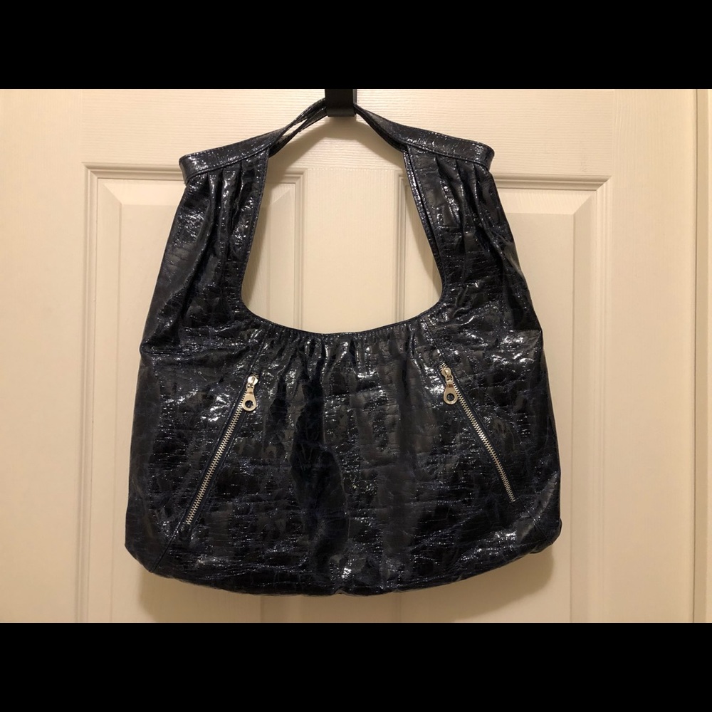 Co Lab Large Oversized Clutch Handbag Crinkled Faux Leather in Glossy NAVY